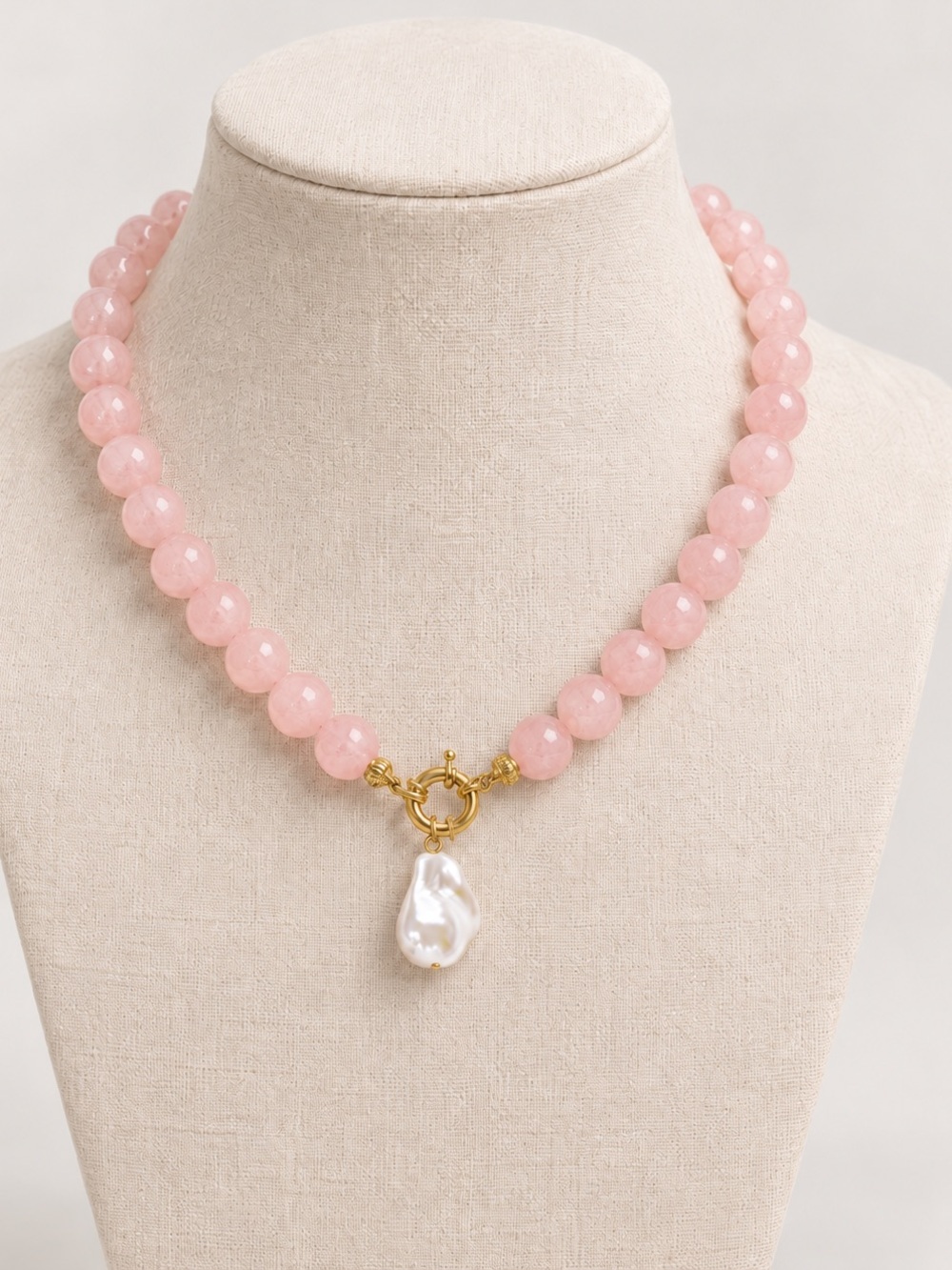 New MAYAMAR genuine Rose Quartz Beaded Necklace with Gold Toggle and Pearl Drop